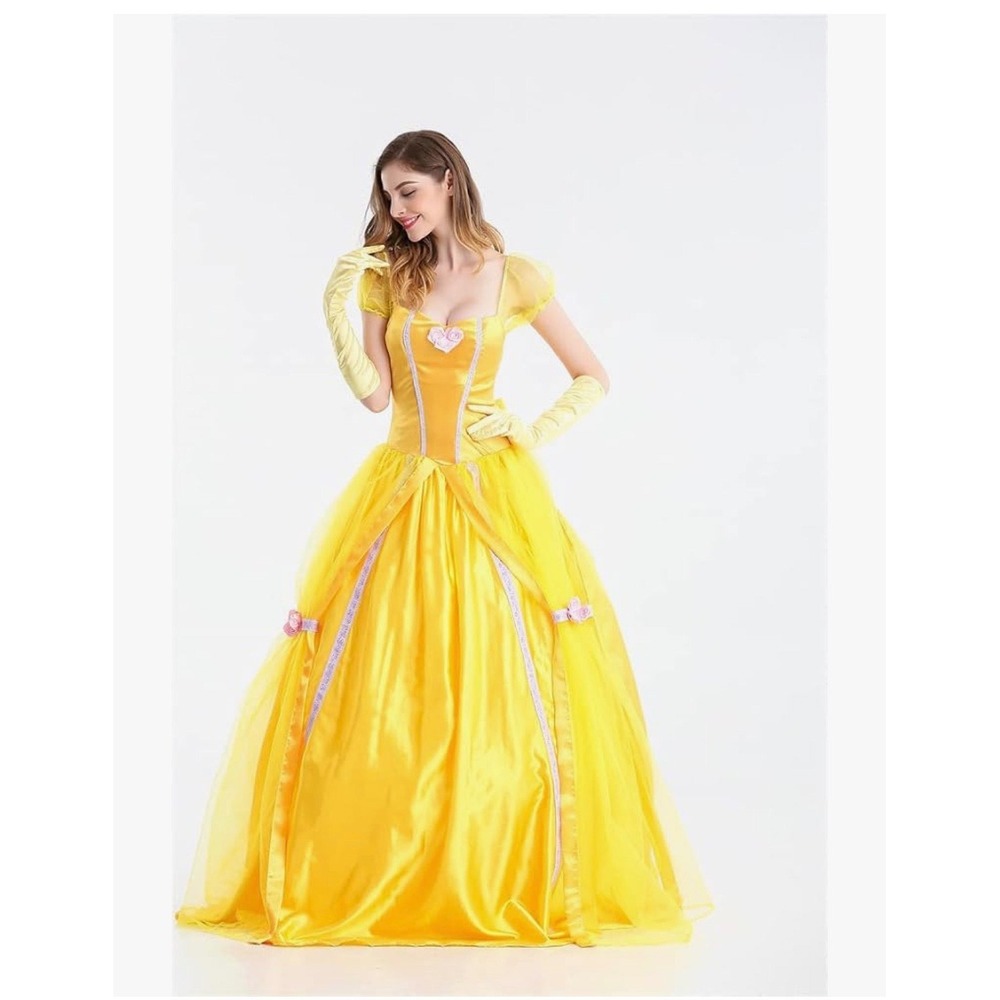 Qubskry Princess Beauty Costume Women Med Yellow Dress Gloves Halloween Belle B4